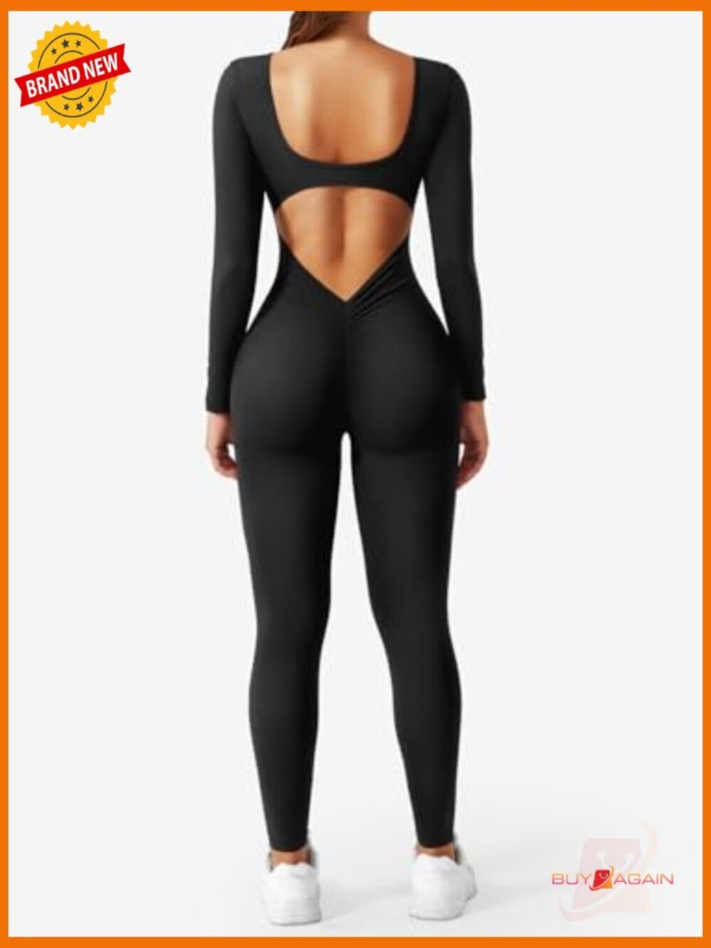 Long Sleeve V Back Scrunch Butt Jumpsuit Workout Bodysuit Romper - Picture 2 of 7